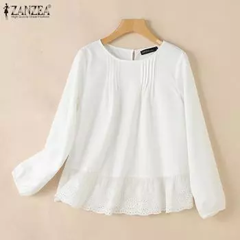 ZANZEA Женская повседневная блузка с круглым вырезом и длинными рукавами, кружевная вязка крючком 4XL хаки