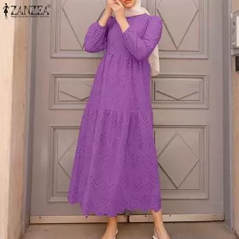 ZANZEA Women Casual O-neck Long Sleeve Loose Crochet Patchwork Long Dress S фиолетовый