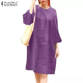 ZANZEA Women Casual O-neck Loose 3/4 Sleeve Dress S фиолетовый