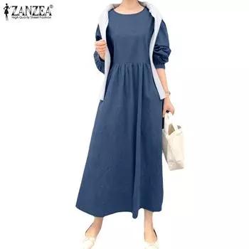 ZANZEA Women Casual O-neck Loose Long Sleeve Long Dress