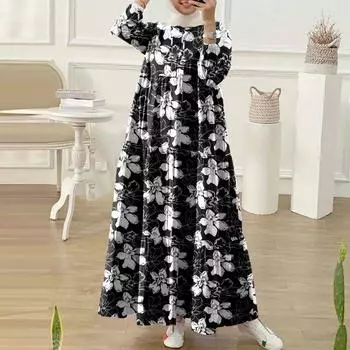 ZANZEA Женское повседневное свободное платье с круглым вырезом и рукавом девять четвертей с принтом, длинное 3XL чёрный