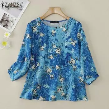 ZANZEA Women Casual O-neck Loose Print 3/4 Sleeve Blouse S зелёный