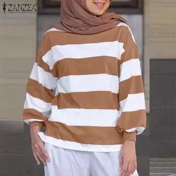 ZANZEA Women Casual O-neck Loose Stripe Print Long Sleeve Blouse