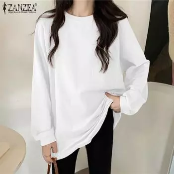 ZANZEA Женские повседневные свободные белые футболки с длинным рукавом и круглым вырезом XL белый