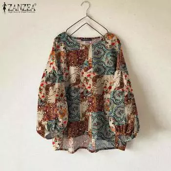 ZANZEA Женская повседневная блузка с круглым вырезом и рукавом девять четвертей с ретро-принтом S синий