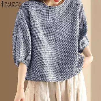 ZANZEA Женская повседневная блузка с круглым вырезом и клетчатым принтом, рукав 3/4 4XL чёрный