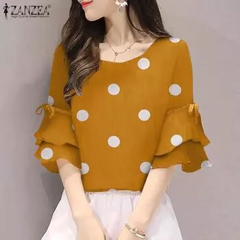 ZANZEA Women Casual O-neck Polka Dot Print Half Sleeve Blouse
