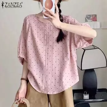 ZANZEA Women Casual O-neck Polka Dot Print Short Sleeve Blouse