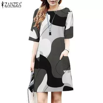 ZANZEA Women Casual O-neck Printing Half Sleeve Summer Dress