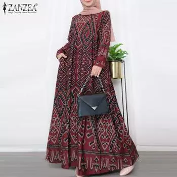 ZANZEA Женское повседневное платье с длинным рукавом и круглым вырезом с принтом чёрный