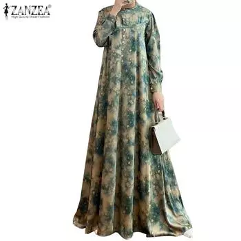 ZANZEA Women Casual O-neck Printing Loose Long Sleeve Dress