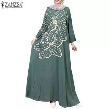 ZANZEA Women Casual O-neck Printing Loose Long Sleeve Dress