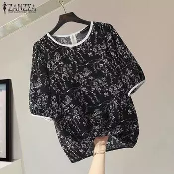 ZANZEA Женская повседневная блузка с коротким рукавом и принтом O-образным вырезом S чёрный