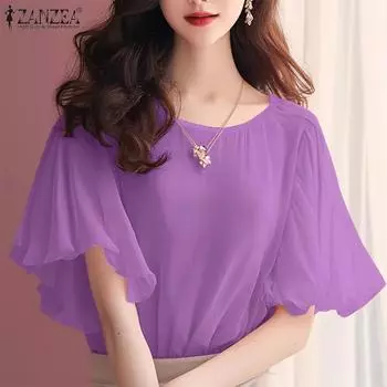ZANZEA Women Casual O-neck Ruffles Sleeve Loose Plain Blouse S фиолетовый