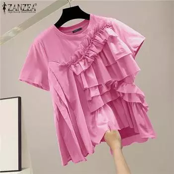 ZANZEA Women Casual O-neck Ruffles Splice Summer Short Sleeve T-Shirts