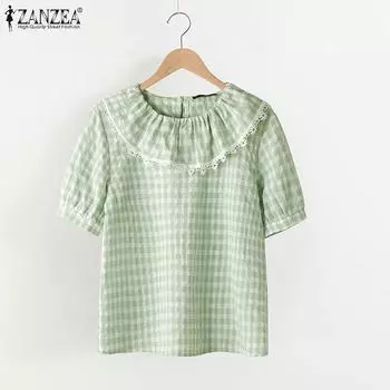 ZANZEA Women Casual O-neck Short Sleeve Loose Plaid Blouse