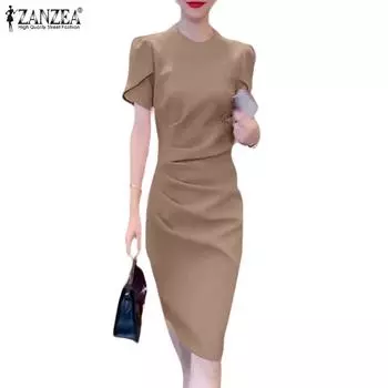 ZANZEA Женское повседневное облегающее платье с коротким рукавом и круглым вырезом 2XL хаки