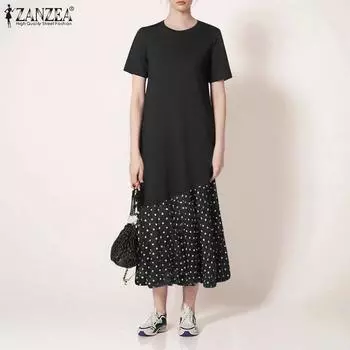 ZANZEA Women Casual O-neck Short Sleeve Polka Dot Print Patchwork Loose Dress