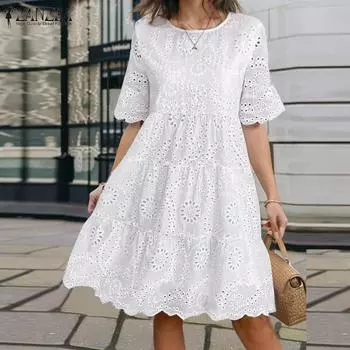 ZANZEA Women Casual O-neck Short Sleeve Summer Lace Crochet Dress