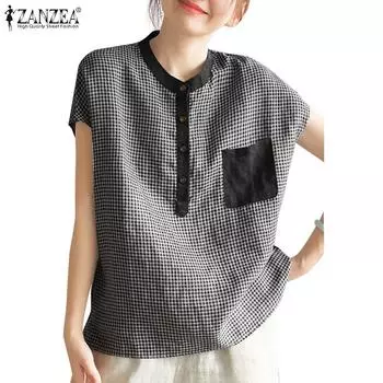 ZANZEA Women Casual O-neck Short Sleeve Grid Print Blouse