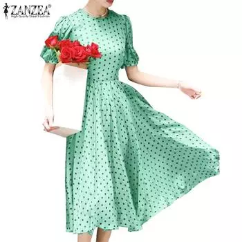 ZANZEA Women Casual O-neck Short Sleeve Summer Polka Dot Print Dress