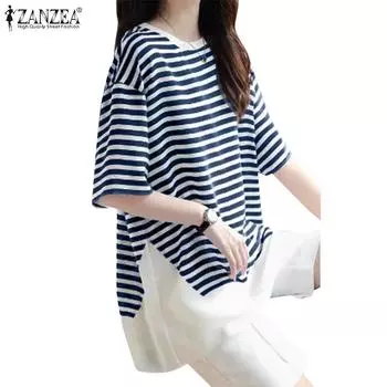 ZANZEA Женская повседневная блузка в полоску с круглым вырезом и коротким рукавом в стиле пэчворк S синий