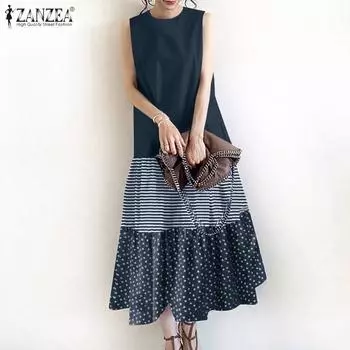 ZANZEA Женское повседневное платье без рукавов с круглым вырезом для отдыха на пляже, длинное свободное платье S жёлтый