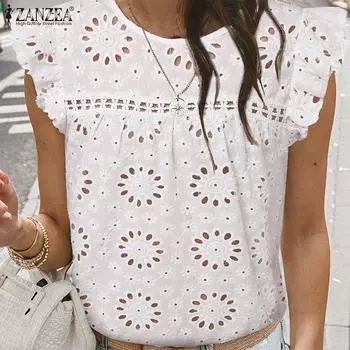 ZANZEA Women Casual O-neck Sleeveless Hollow Crochet Summer Blouse