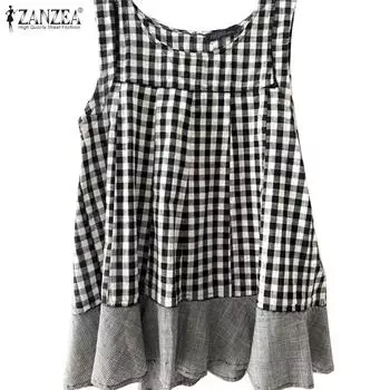 ZANZEA Women Casual O-neck Sleeveless Plaid Print Tank Tops