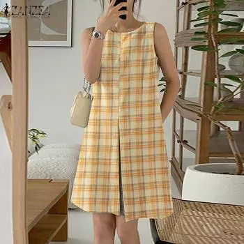 ZANZEA Women Casual O-neck Sleeveless Plaid Print Summer Tank Dress S синий