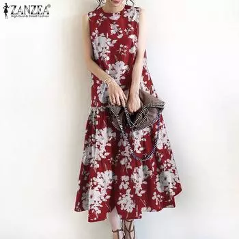 ZANZEA Женское повседневное платье с круглым вырезом и без рукавов с принтом, длинное 4XL чёрный