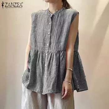 ZANZEA Women Casual O-neck Sleeveless Summer Plaid Tank Tops