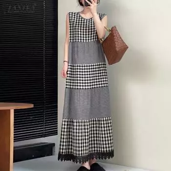 ZANZEA Women Casual O-neck Sleeveless Summer Plaid Long Dress