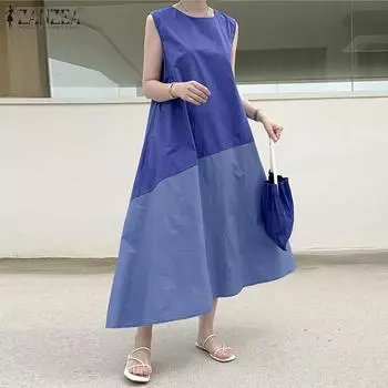 ZANZEA Women Casual O-neck Sleeveless Summer Patchwork Long Dress