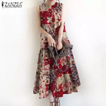 ZANZEA Женское повседневное платье-майка без рукавов с круглым вырезом и летним принтом S хаки