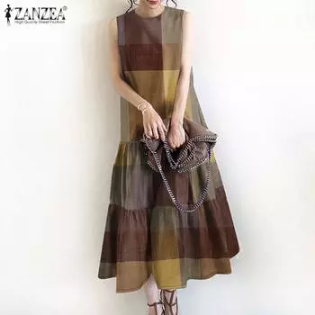 ZANZEA Женское повседневное клетчатое платье-майка без рукавов с круглым вырезом S жёлтый