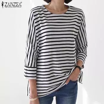 ZANZEA Женские повседневные свободные футболки с круглым вырезом и полосатым принтом, рукав 3/4 S чёрный