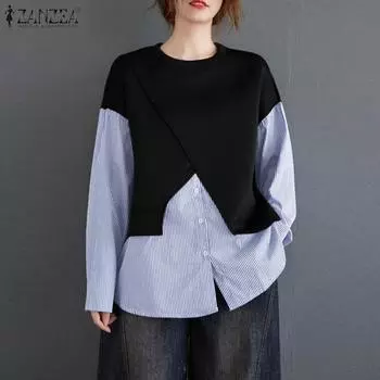 ZANZEA Women Casual O-neck Stripe Splice Long Sleeve Blouse M синий