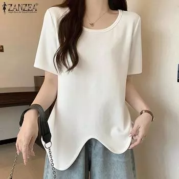 ZANZEA Women Casual O-neck Summer Irregular Short Sleeve T-Shirts
