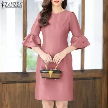 ZANZEA Women Casual O-neck Summer Ruffles Half Sleeve Sheath Dress S синий