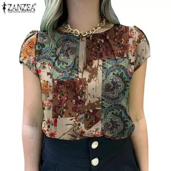 ZANZEA Женская повседневная летняя блузка с коротким рукавом и принтом S красный