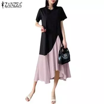 ZANZEA Women Casual O-neck Summer Short Sleeve Patchwork Dress