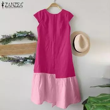 ZANZEA Women Casual O-neck Summer Sleeveless Patchwork Dress