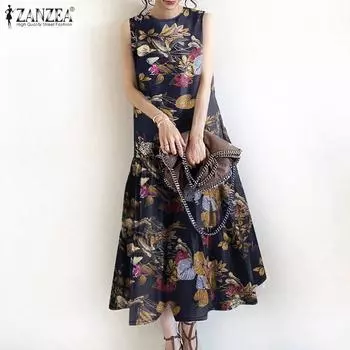 ZANZEA Женское повседневное летнее платье без рукавов с принтом и круглым вырезом 4XL