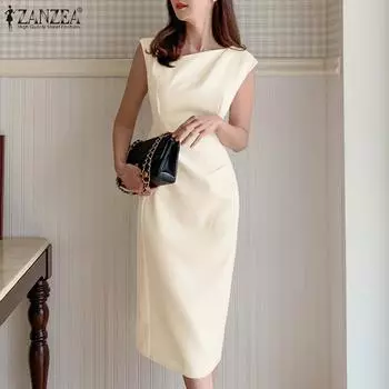 ZANZEA Women Casual O-neck Summer Sleeveless Sheath Dress
