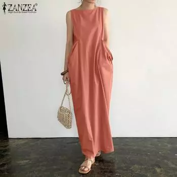 ZANZEA Женское повседневное летнее длинное платье без рукавов с круглым вырезом 5XL коричневый