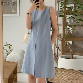 ZANZEA Women Casual O-neck Summer Sleeveless Short Dress XL чёрный