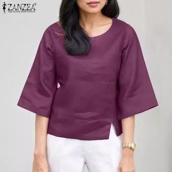 ZANZEA Women Casual O-neck Summer Solid Color 3/4 Sleeve Blouse S синий