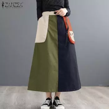 ZANZEA Women Casual Patchwork Loose Long Skirts S темно-синий