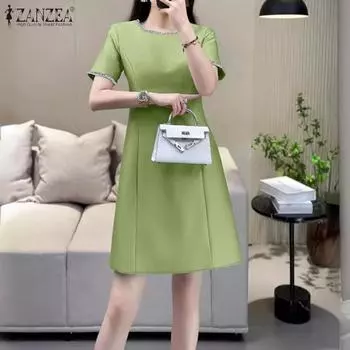 ZANZEA Women Casual Patchwork O-neck Summer Short Sleeve Dress S чёрный